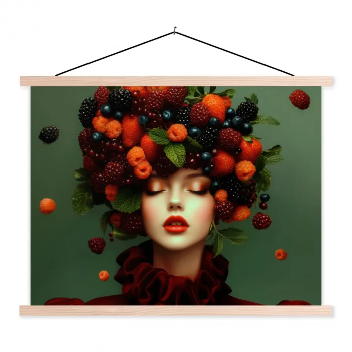 Vrouw - Aardbeien - Frambozen - Bramen - Bessen textielposter latten blank klein -3d