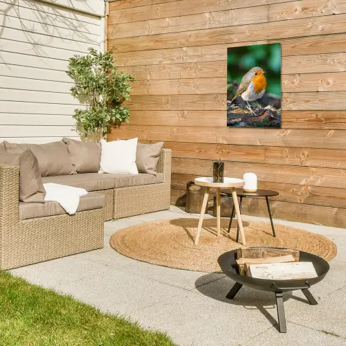 Roodborstje op een Boomstam Tuinposter op houten frame 2 cm dik klein -sfeer2