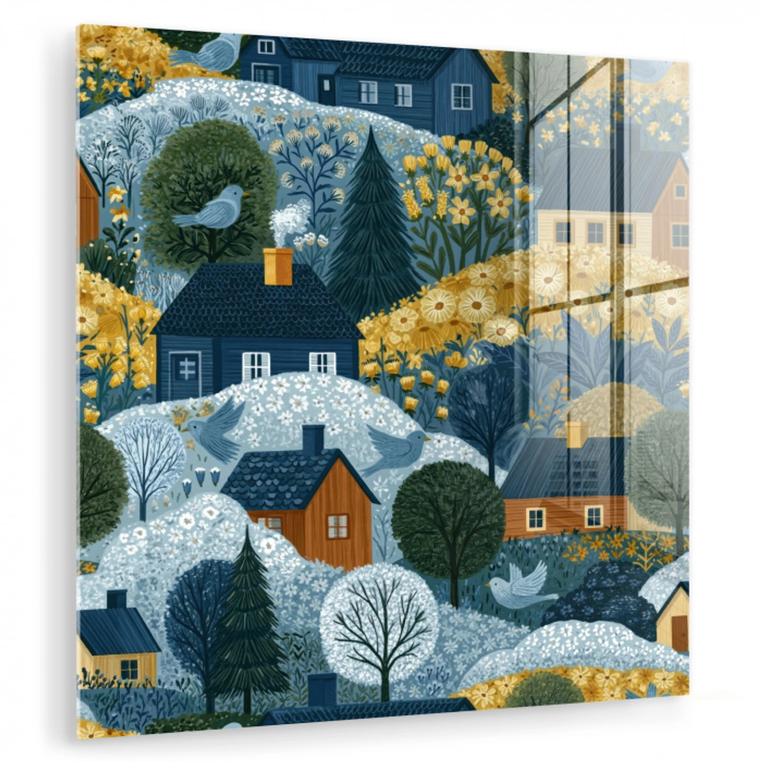Huisjes - Bloemen - Patroon - Geel - Blauw plexiglas 5mm klein 11 -zzzproduct_nieuw