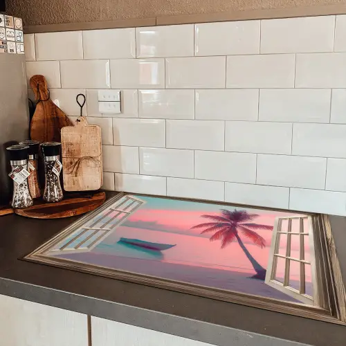 Doorkijk - Strand - Palmboom - Tropisch Inductie beschermer vinyl 3mm klein -sfeer3