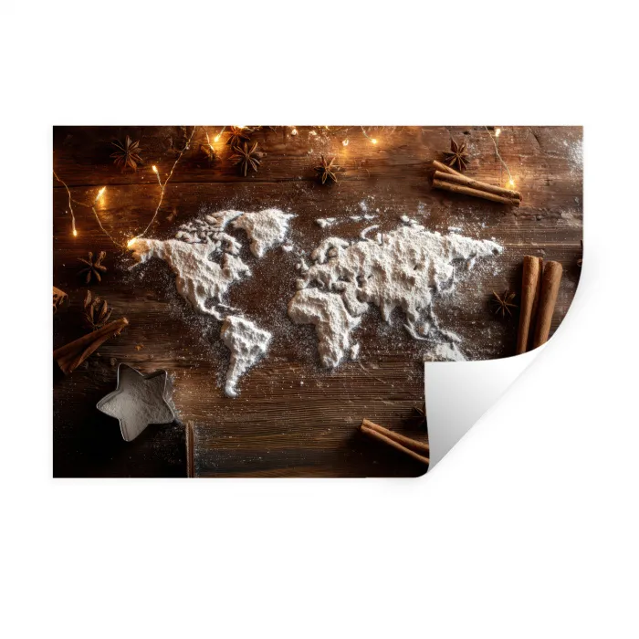 Wereldkaart - Poedersuiker - Hout Muursticker klein -3d