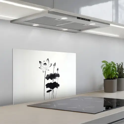Bladeren - Zwart - Lotusbloem - Minimalitisch keuken achterwand spatscherm klein -3d_schuin
