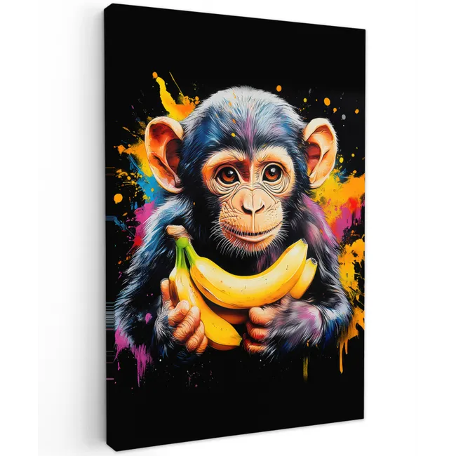 Aap - Graffiti - Kleurrijk - Bananen - Modern Tuinposter op houten frame 2 cm dik klein -3d