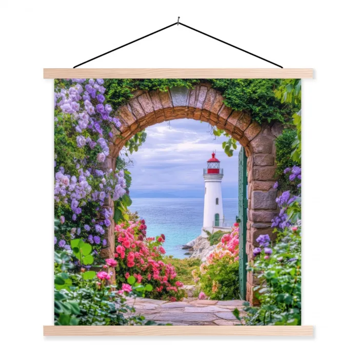 Doorkijk - Vuurtoren - Bloemen - Uitzicht textielposter latten blank klein -3d