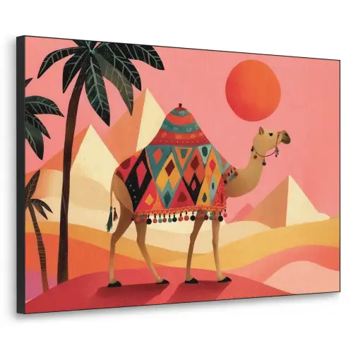 Kameel - Pyramides - Rode zon Textielframe zwart klein -3d