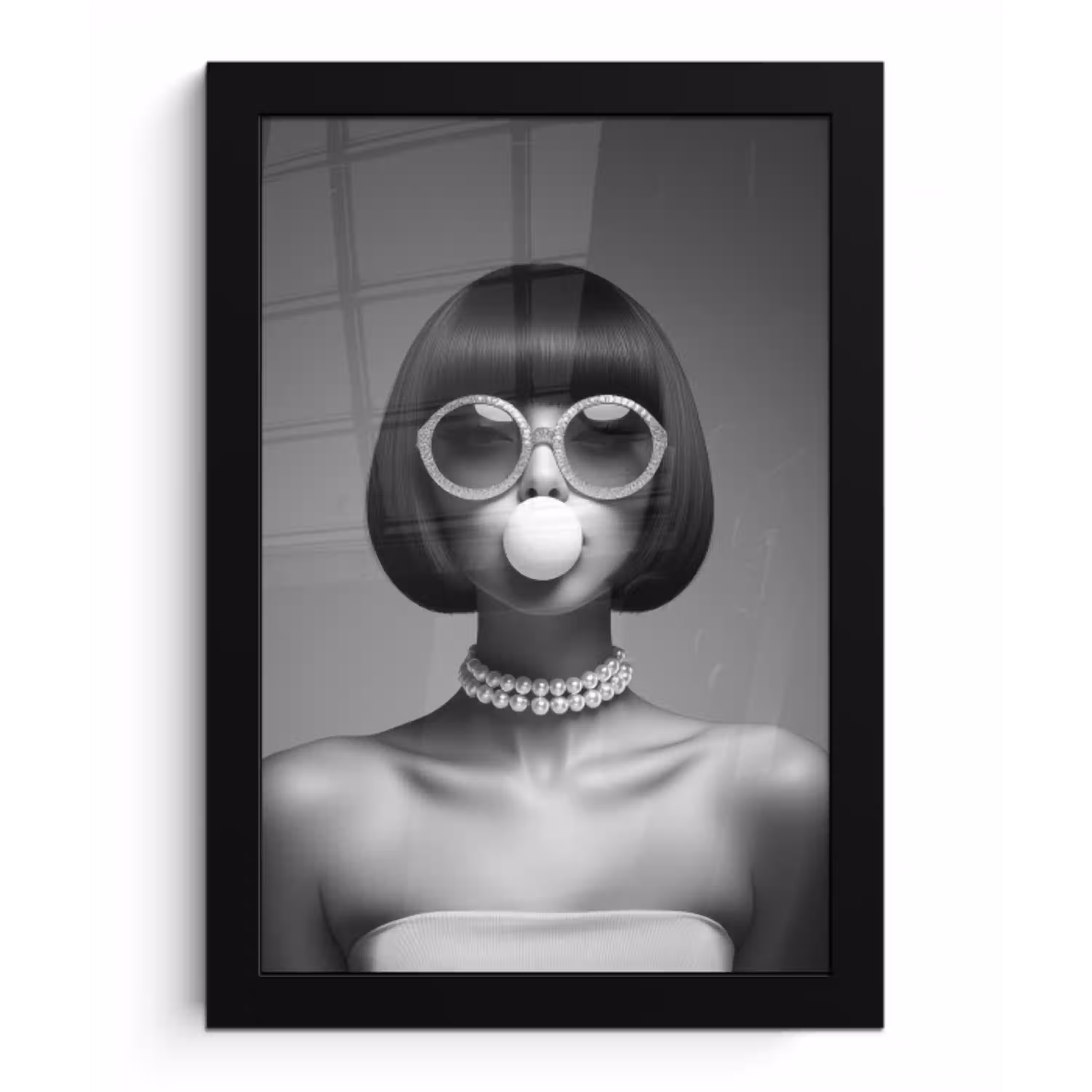 Vrouw - Zwart Wit - Ketting - Zonnebril fotolijst zwart zonder passe partout klein -3d