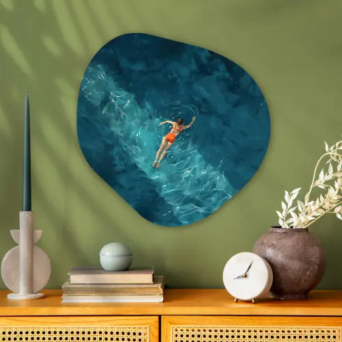 Vrouw - Water - Bikini - Oranje Wandcirkel Organisch Plexiglas middel -sfeer2