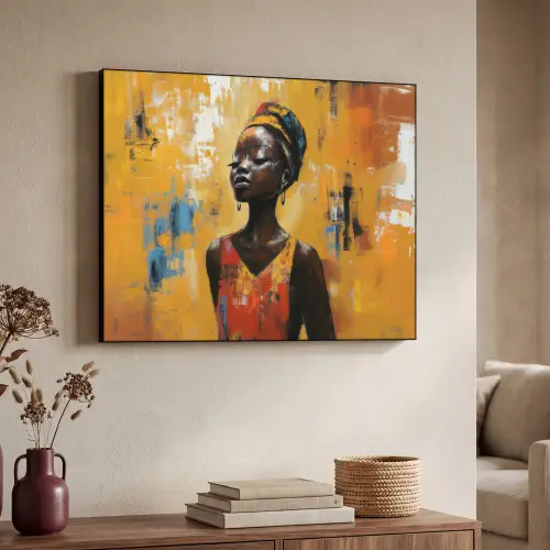 Vrouw - Ogen - Penseelstreken - Geel Textielframe - compleet frame klein -sfeer3