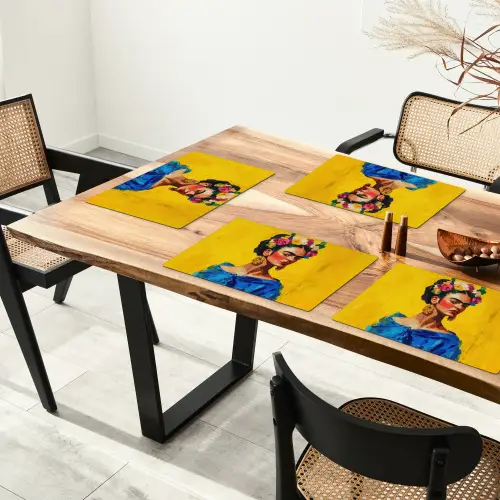 Frida Kahlo - Vrouw - Geel - Blauw - Bloemen Placemat vinyl groot -zzsfeer4_Kitchenyeah-website