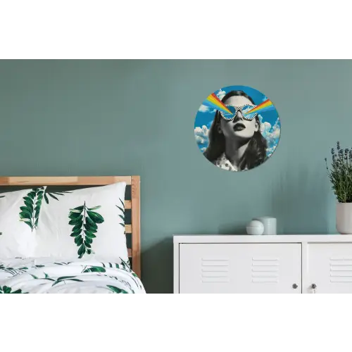 Vrouw - Bril - Regenboog - Wolken Wandcirkel aluminium klein -slaapkamer