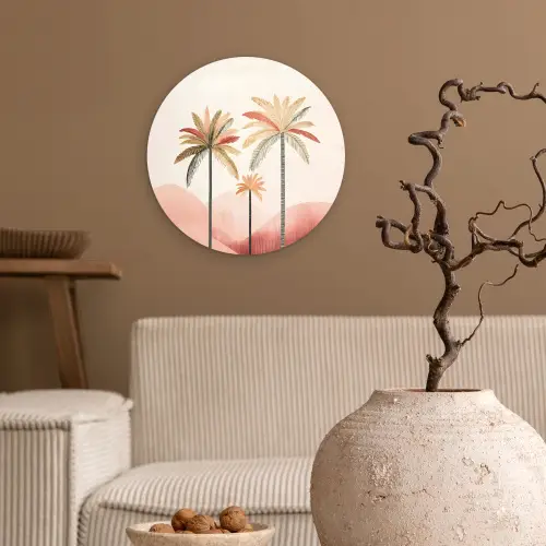 Palmbomen - Heuvels - Minimalistisch - Zachtroze Wandcirkel plexiglas klein -sfeer1