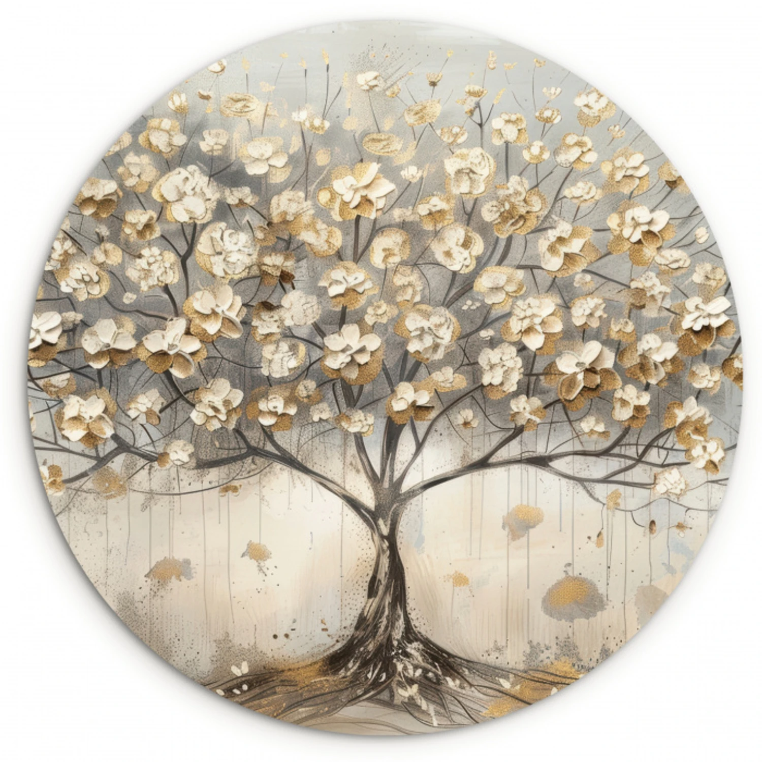 Boom - Beige - Goud - Verflook - Grijs Wandcirkel kunststof plaat 5mm dik klein -3d