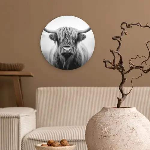 Schotse hooglander - Mist - Zwart - Wit Wandcirkel kunststof plaat 5mm dik klein -sfeer1