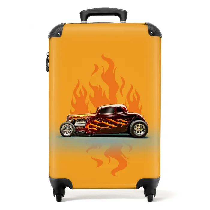 Bruine auto met gele vlammen Koffer - NBS - Handbagage middel -productfoto_recht