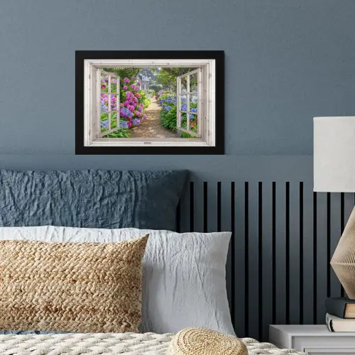 Hortensia - Doorkijk - Bloemen - Zomer - Paars - Pad fotolijst zwart zonder passe partout klein -sfeer3