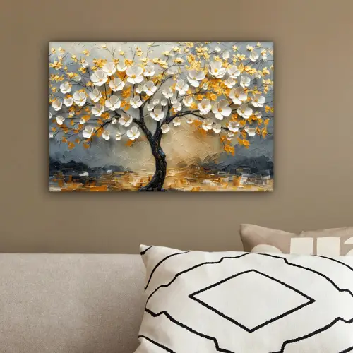 Boom - Bloemen - Goud - Beige canvas 2cm klein -sfeer3