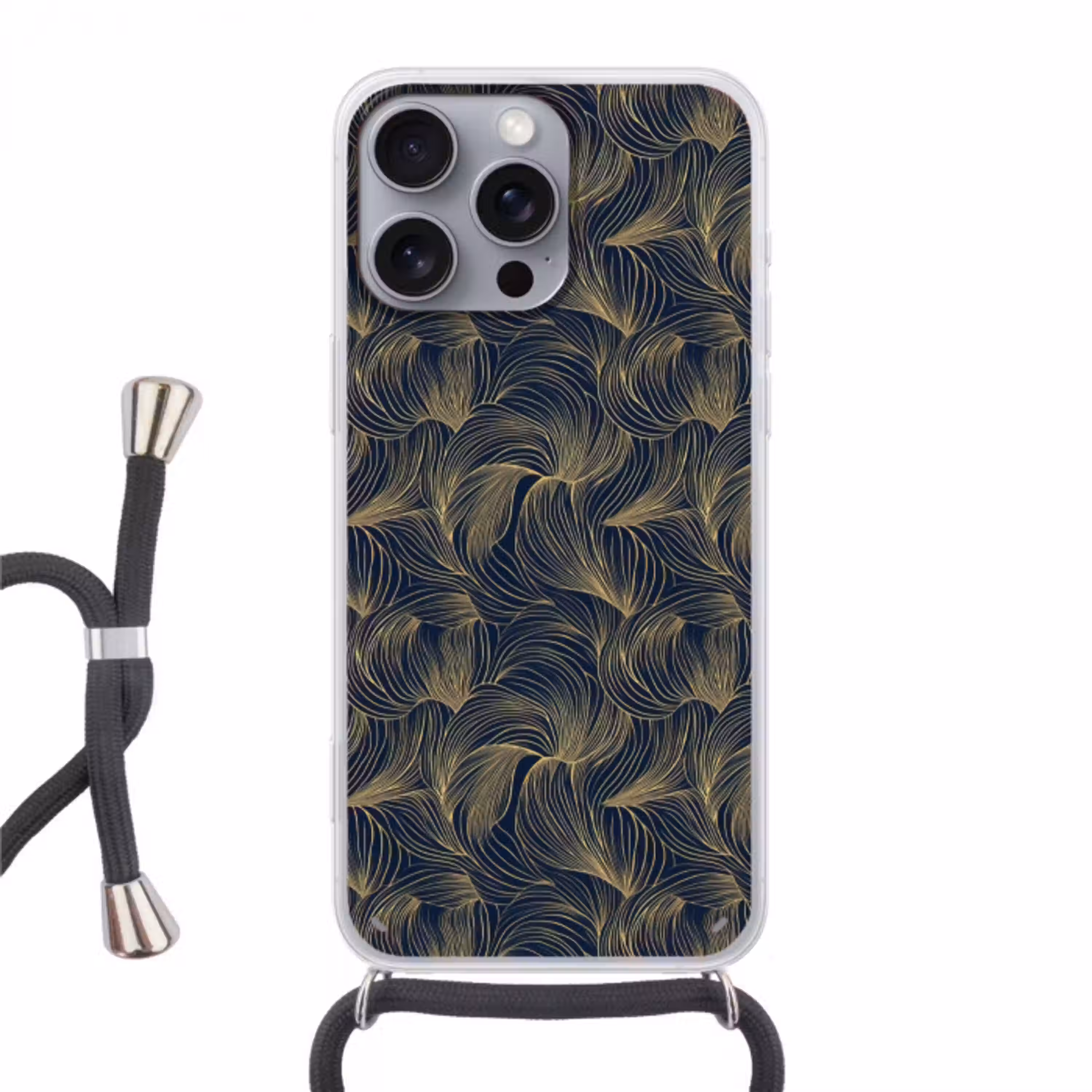 Abstract - Lijnen - Blauw - Goud Hoesje iPhone 16 Pro Max met koord klein 804 -3d