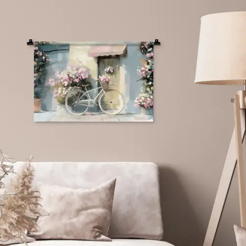 Fiets - Pastelkleuren - Bloemen Wandkleed katoen klein -sfeer4