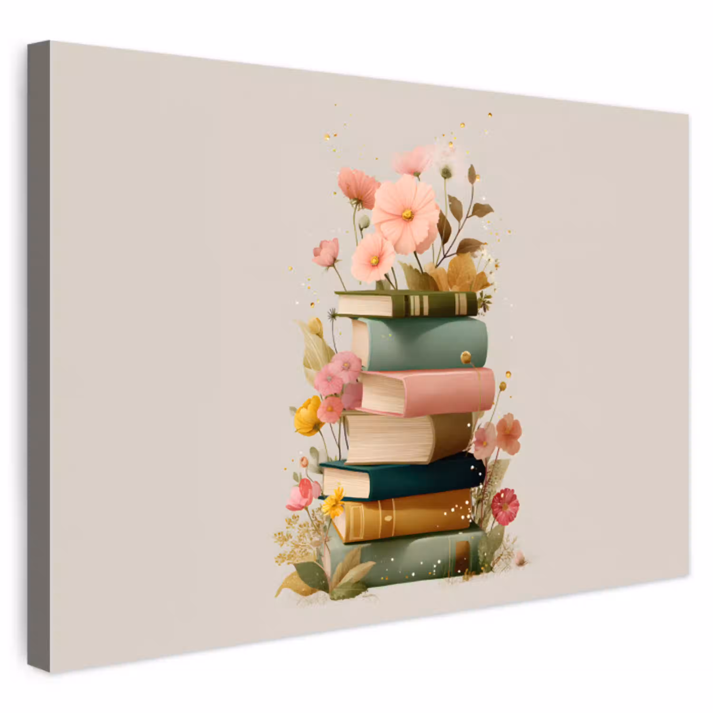 Boeken - Stapel - Bloemen - Kleurrijk Tuinposter op houten frame 2 cm dik klein -3d
