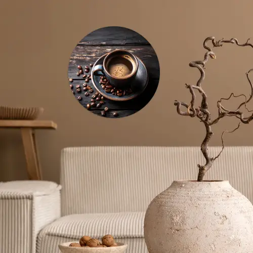 Kop - Koffie - Hout - Bonen Wandcirkel behangsticker klein -sfeer1