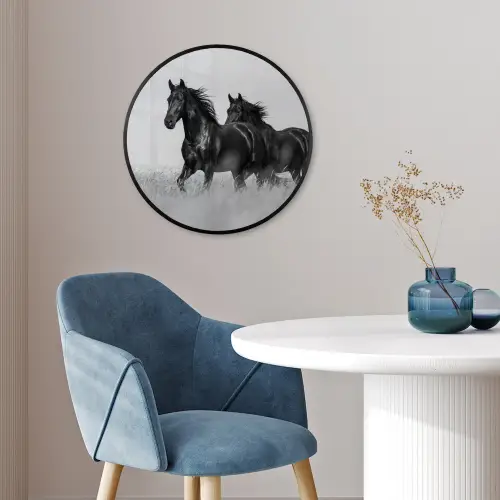 Paarden - Gras - Zwart - Wit Fotolijst rond zonder passe partout klein -sfeer2