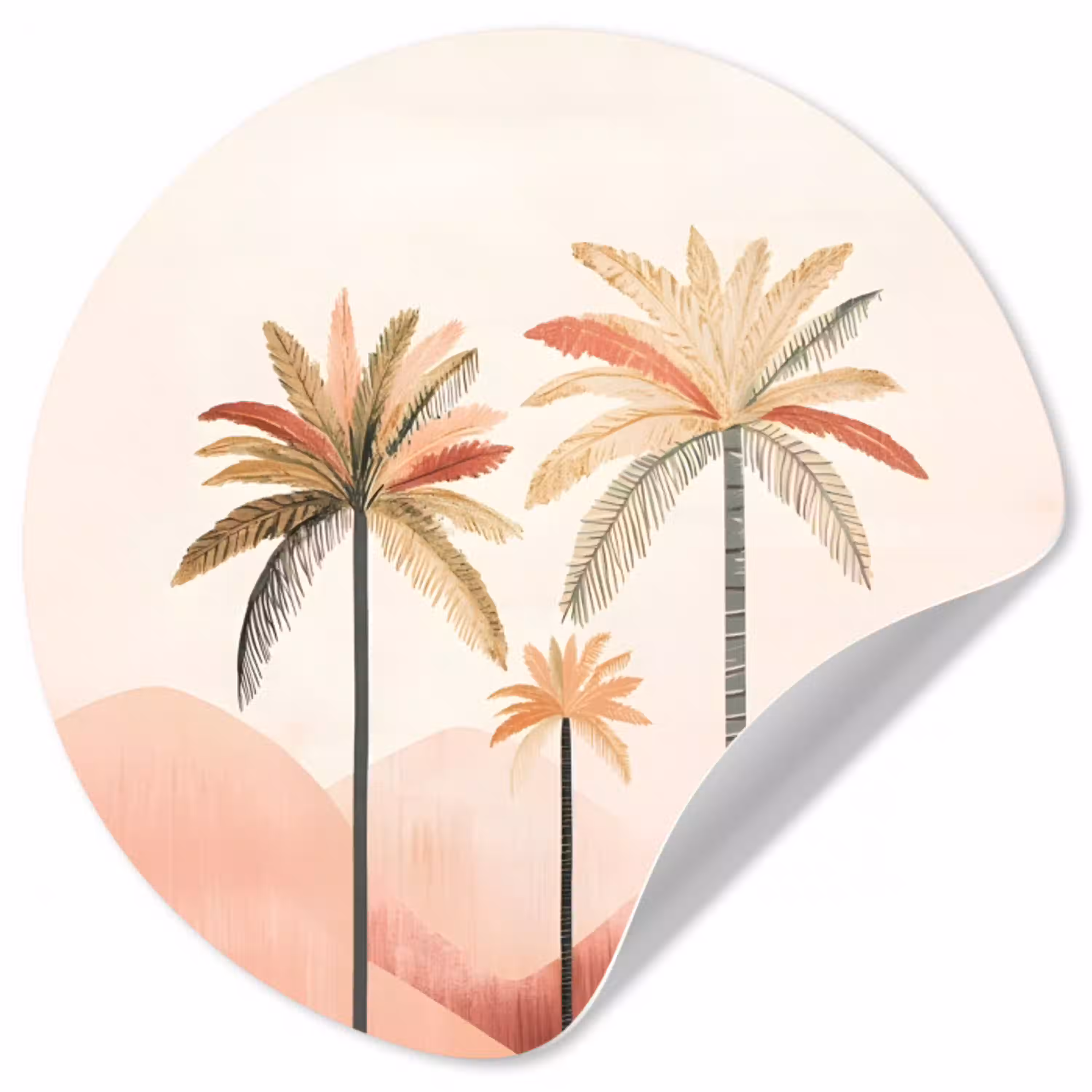 Palmbomen - Heuvels - Minimalistisch - Zachtroze Wandcirkel behangsticker klein -3d