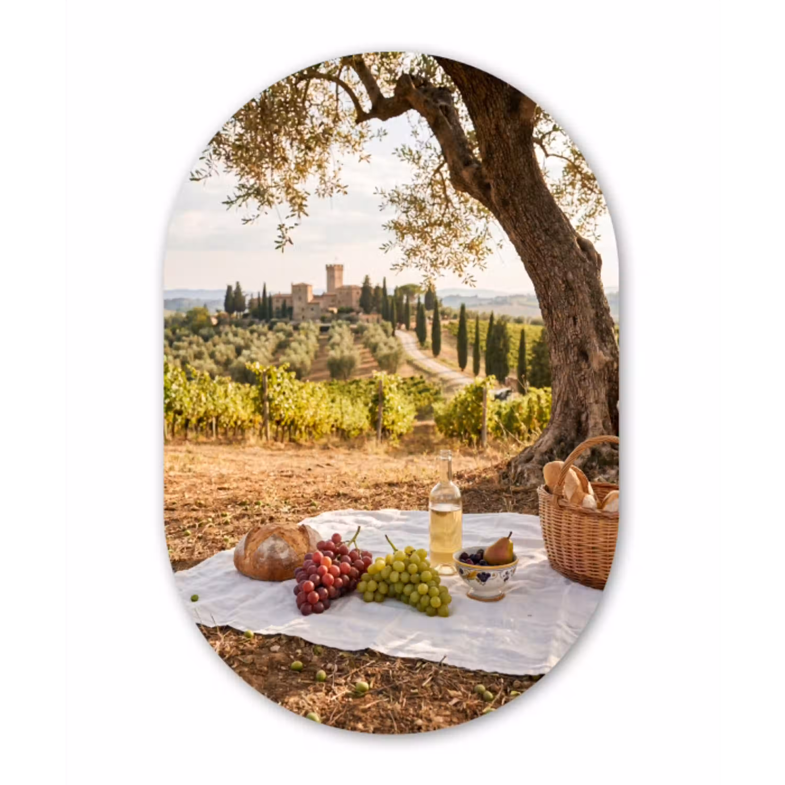 Picknick - Wijngaard - Landschap - Zomer - Eten Wandcirkel Ovaal Aluminium middel -3d