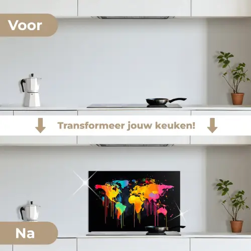 Wereldkaart - Verf - Kleurrijk - Graffiti - Wereld keuken achterwand spatscherm klein -voor_na_NL