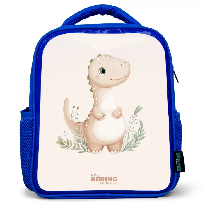 Beige dinosaurus met groene blaadjes Kinderrugzak - Blauw middel -3d