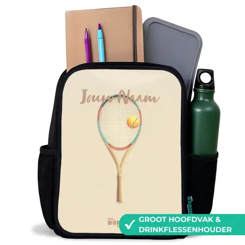 Een tennisracket in beige tinten Rugzak - Zwart middel -inhoud_NL