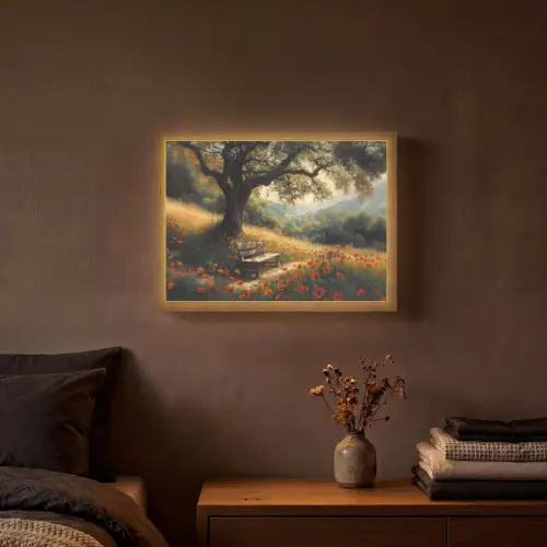 Bankje - Boom - Klaprozen - Heuvels Light Box met batterij (Wandlamp) middel -sfeer4