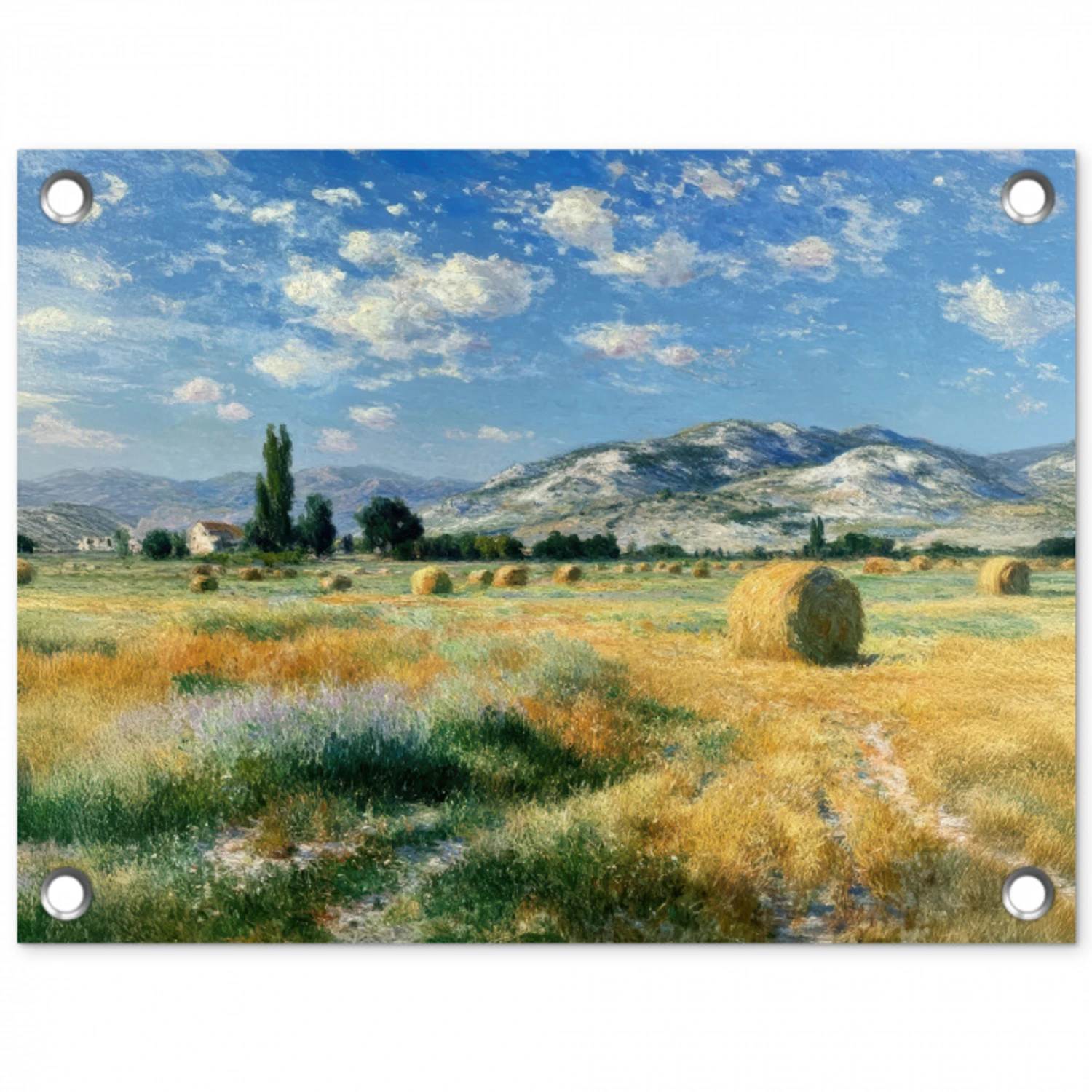 Landschap - Strobalen - Bergen - Wolken tuinposter los doek klein -3d