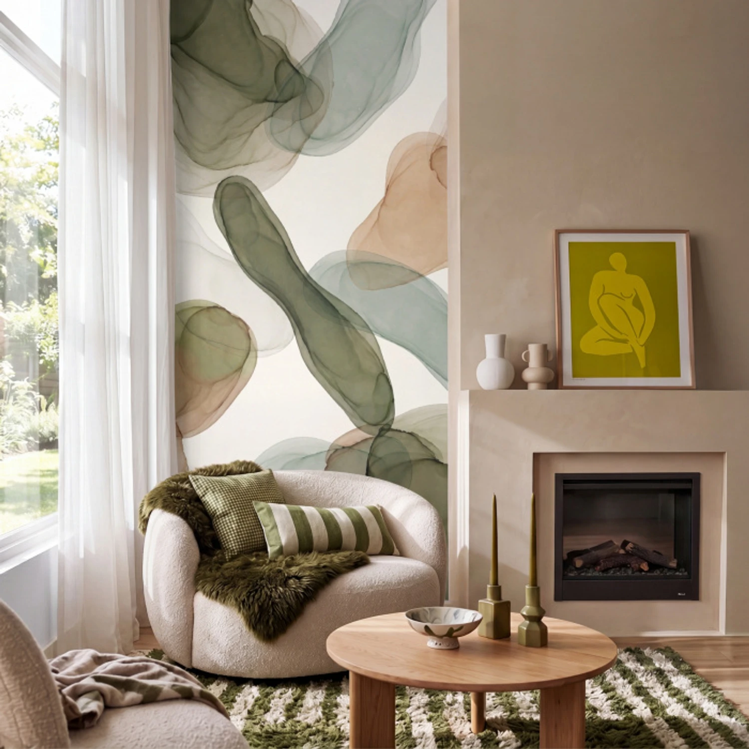 Abstract - Vormen - Modern - Kunst - Groen - Bruin Behang Vlies klein -sfeer2
