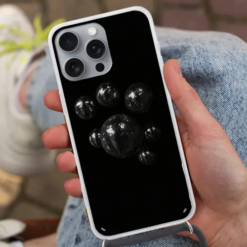 Discoballen - Minimalistisch - Zwart Hoesje iPhone 16 Pro Max met koord klein -sfeer3