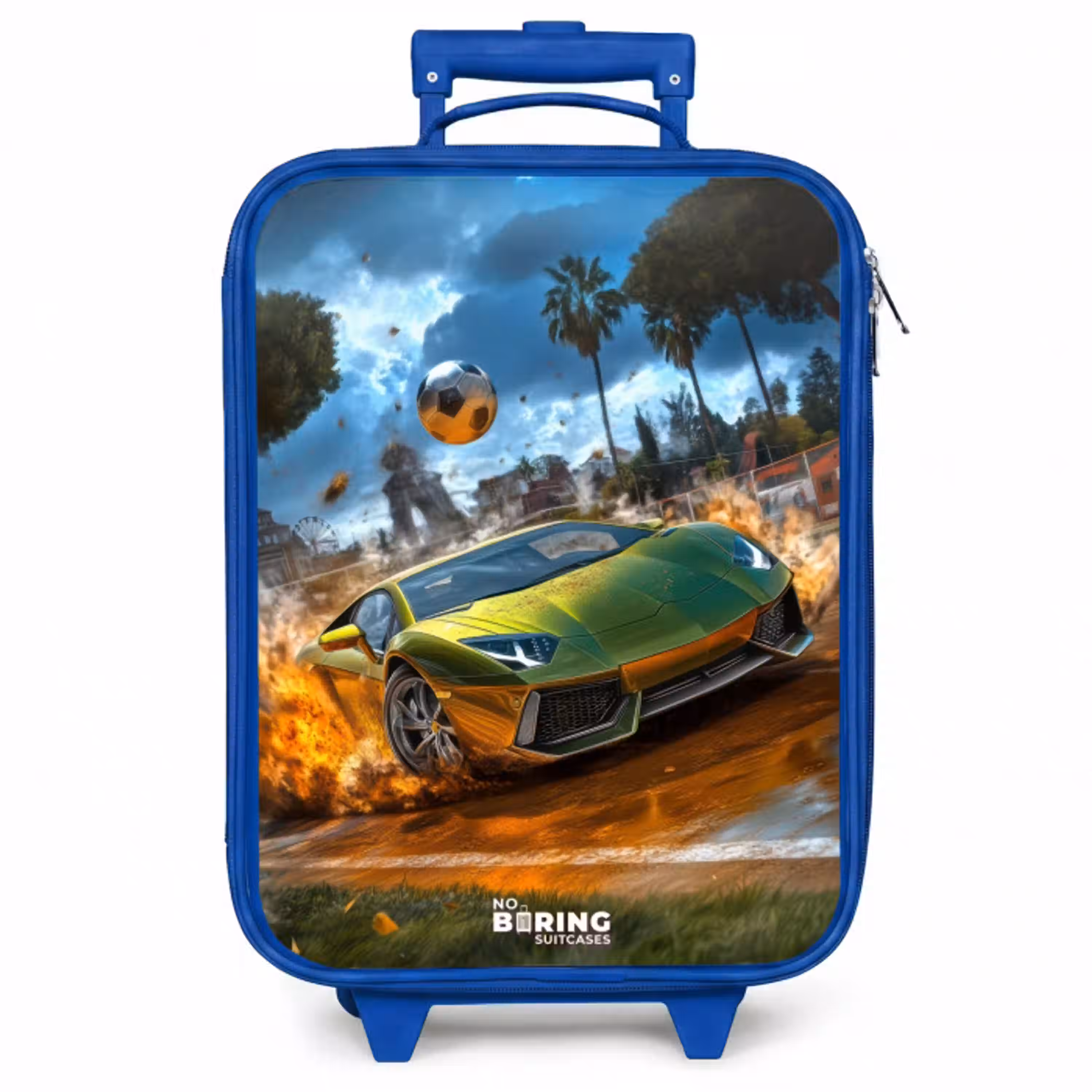 Sportauto knalt door voetbalveld met bal Kinderkoffer - Blauw klein -zzz_website3d
