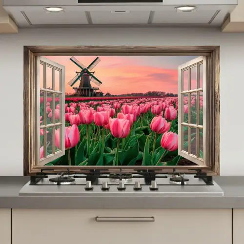 Doorkijk - Tulpen - Bloemen - Molen - Raam keuken achterwand spatscherm klein -3d_website