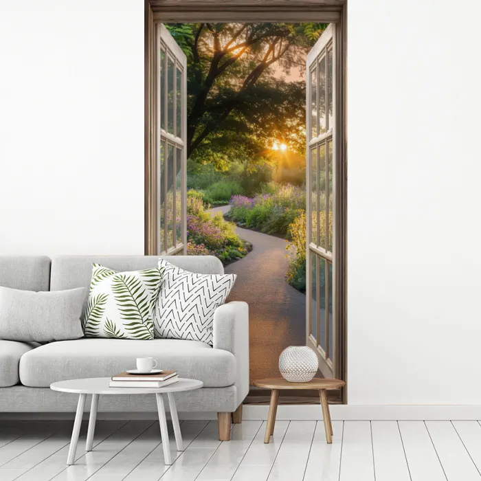 Doorkijk - Bloemen - Natuur - Zon - Pad fotobehang vinyl groot -woonkamer