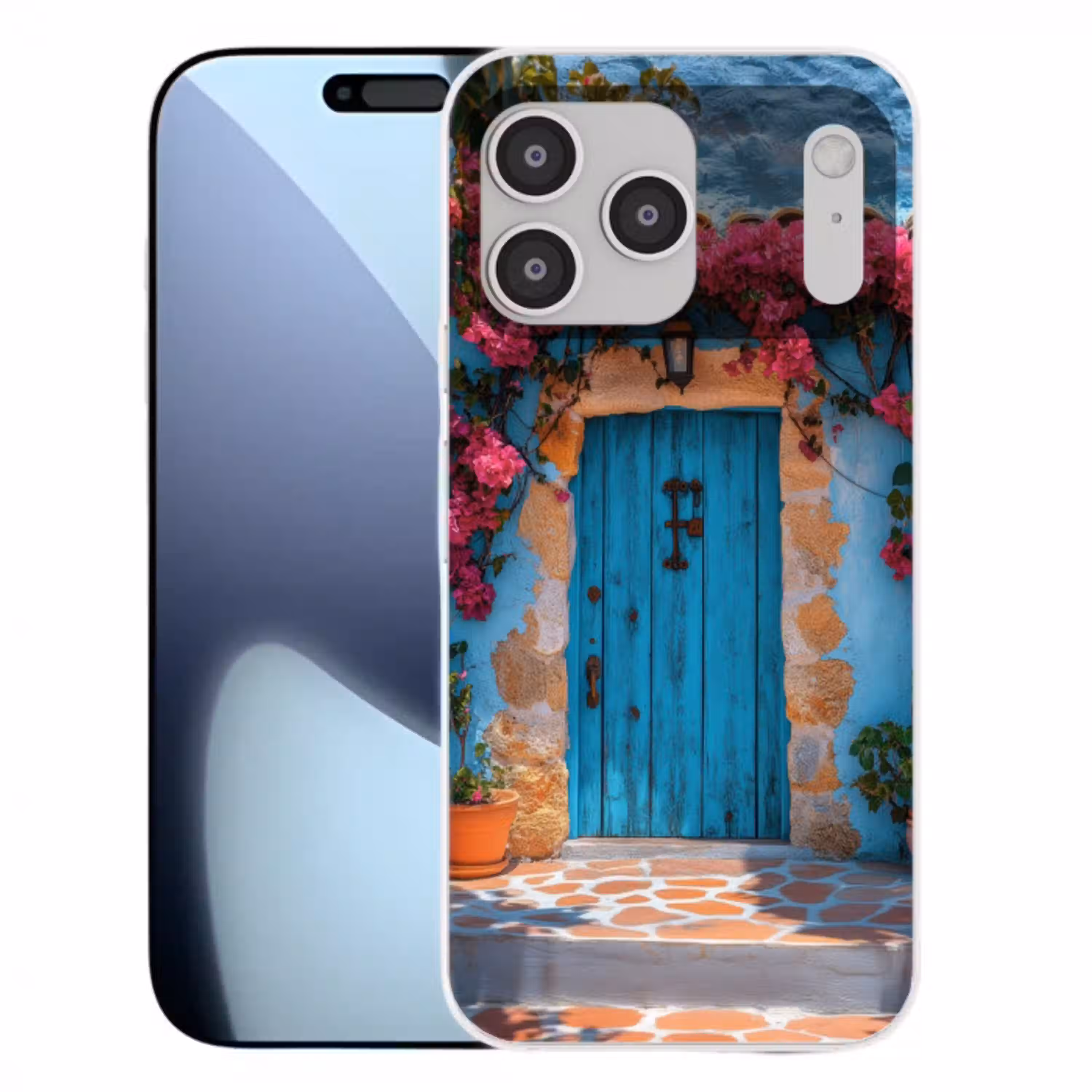 Deur - Hout - Bloemen - Blauw Telefoonhoesje iPhone 17 Pro Max klein -3d