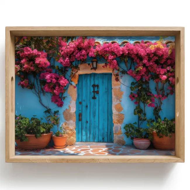 Vassoio - Porta - Legno - Fiori - Blu