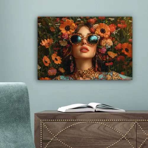 Vrouwen - Bloemen - Modern - Bril - Abstract canvas 2cm klein -sfeer4