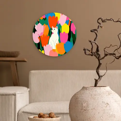Tulpen - Kat - Kleurrijk Wandcirkel kunststof plaat 5mm dik klein -sfeer1