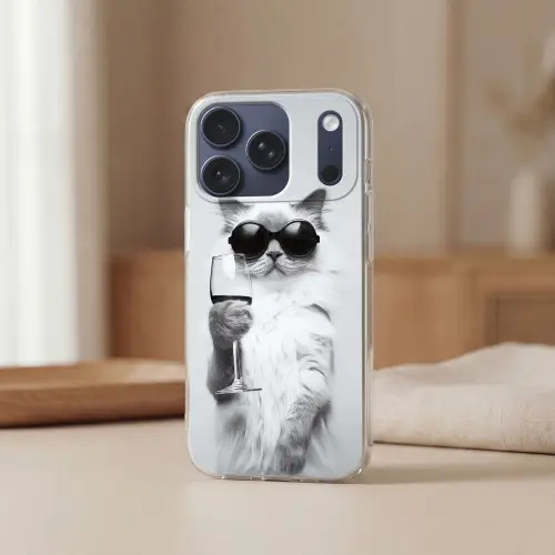 Kat - Zonnebril - Wijnglas - Langharig Telefoonhoesje iPhone 17 Pro klein -sfeer2