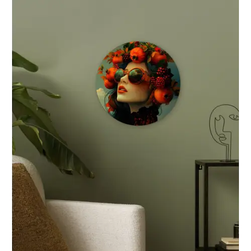 Vrouw - Granaatappel - Herfst - Zonnebril Wandcirkel kunststof plaat 5mm dik klein -sfeer3