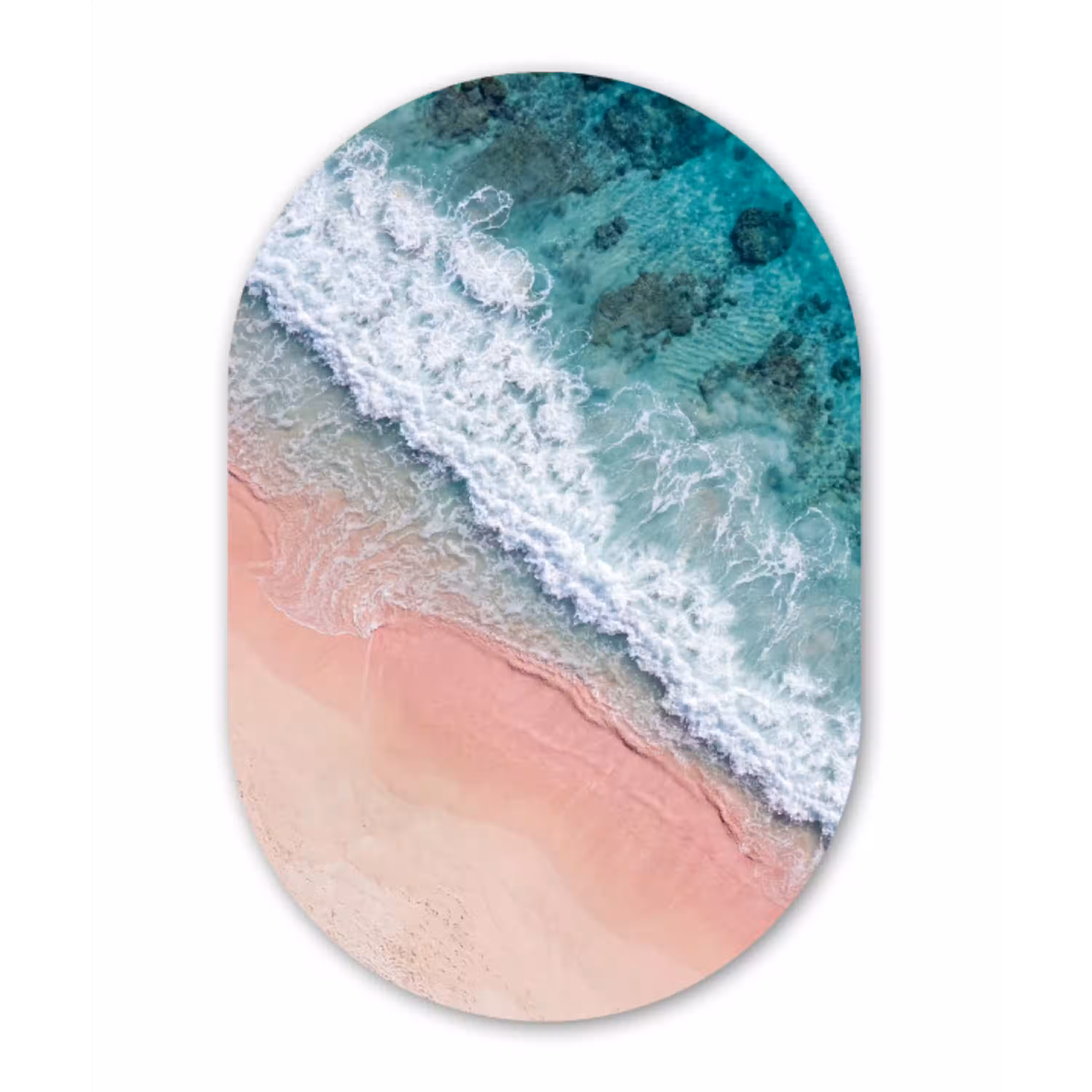 Strand - Oceaan - Golven - Roze Zand - Natuur Wandcirkel Ovaal Aluminium middel -3d