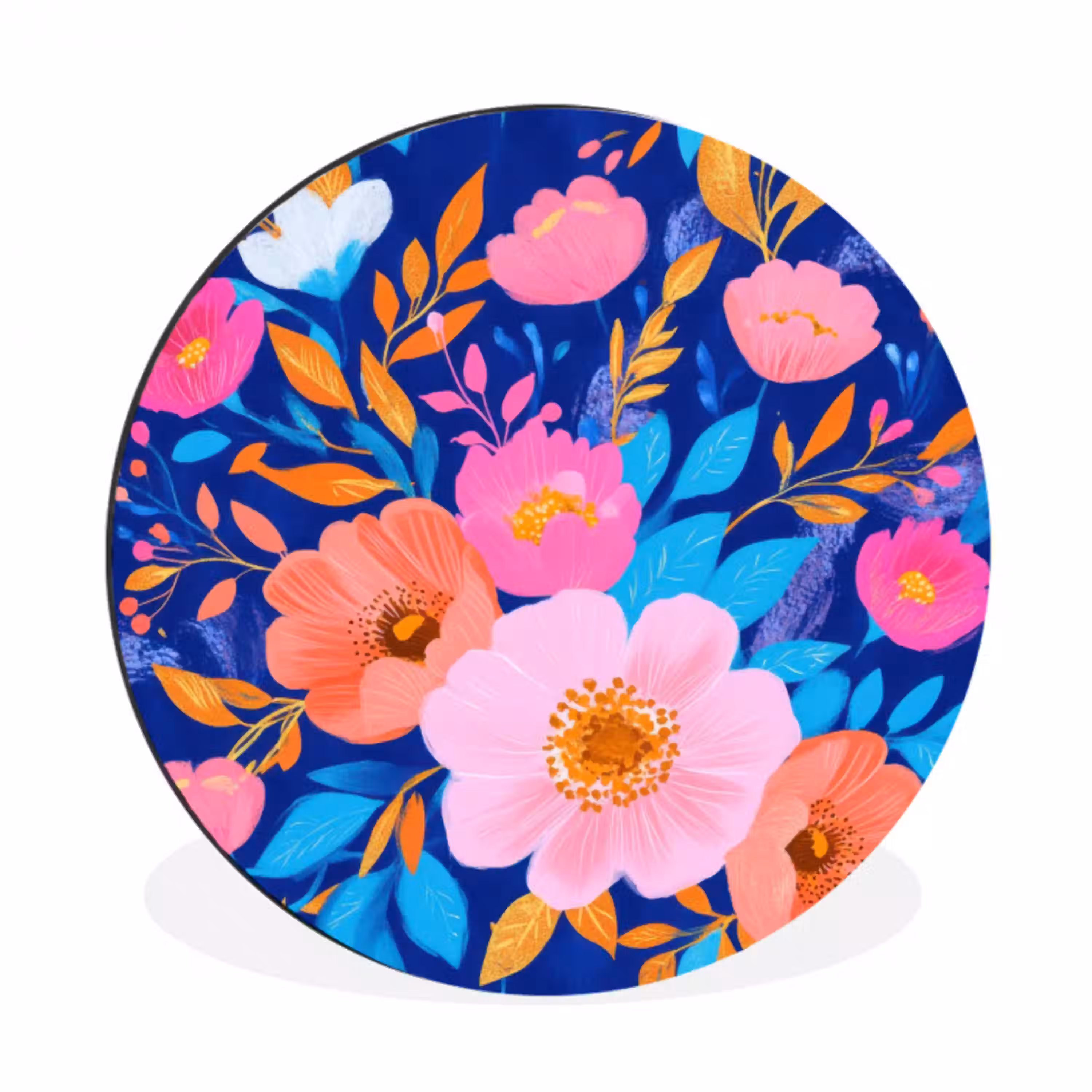 Bloemen - Blauw - Roze Wandcirkel aluminium klein -3d