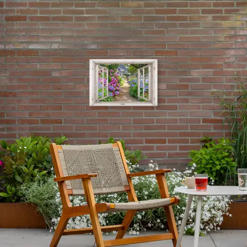 Hortensia - Doorkijk - Bloemen - Zomer - Paars - Pad Tuinposter op houten frame 2 cm dik klein -sfeer3