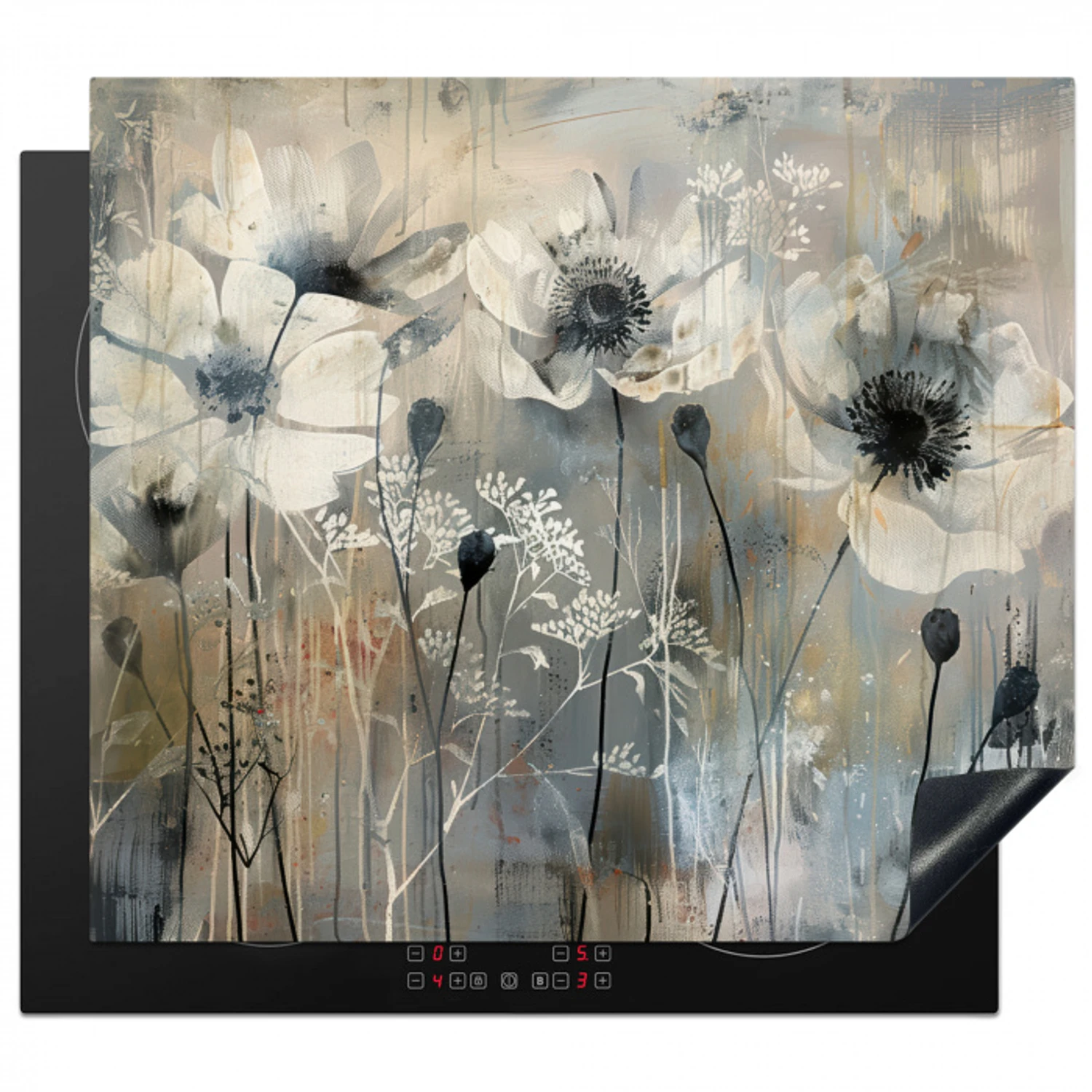 Bloemen - Planten - Grijs - Abstract Inductie beschermer vinyl 3mm middel -3d