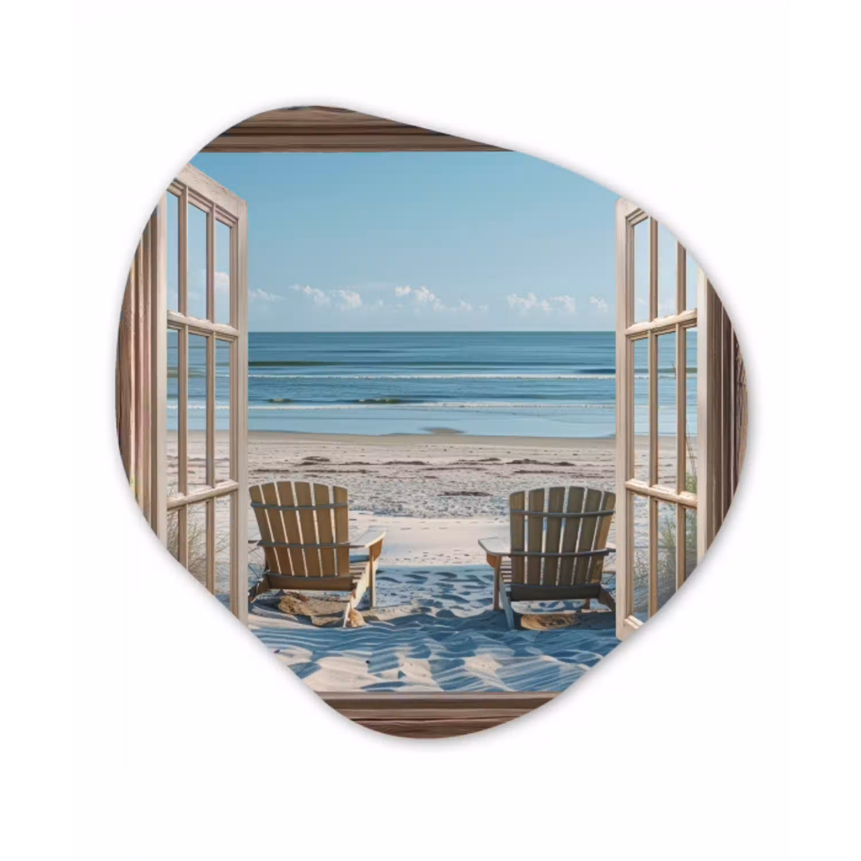 Doorkijk - Strandstoelen - Duinen - Zee - Natuur Wandcirkel Organisch Plexiglas middel -3d