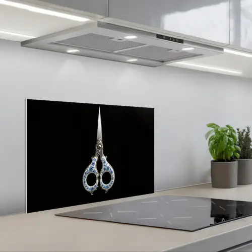 Schaar - Delfts blauw - Zwart keuken achterwand spatscherm klein -3d_schuin