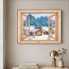 Doorkijk - Winterlandschap - Huisje - Bergen - Uitzicht Textielframe zwart klein -sfeer2